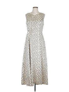 J Peterman Elegant Sleeveless Cream/
light tan  100%  Silk Polka Dot Midi  Dress